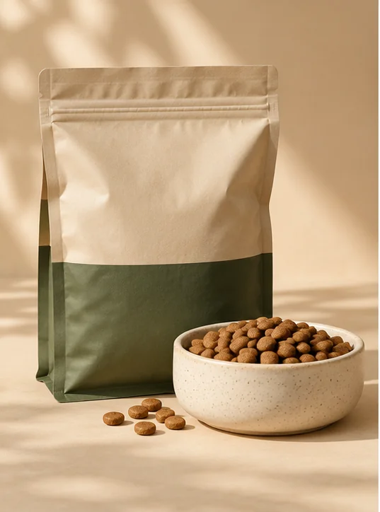 Bolsa genérica de alimento y un recipiente con croquetas para perros