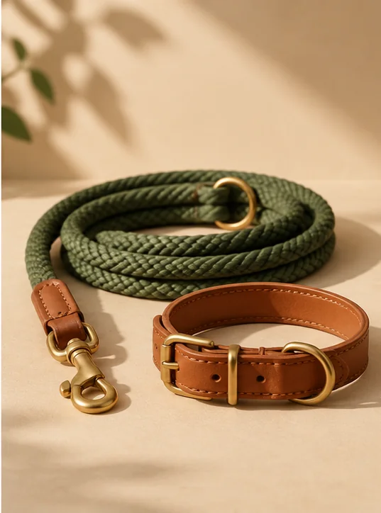 Correa verde y collar marrón para perro